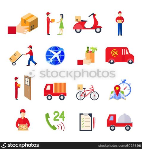 Flat Delivery Icon Set. Flat delivery colorful icon set with transport order personal service vector illustration