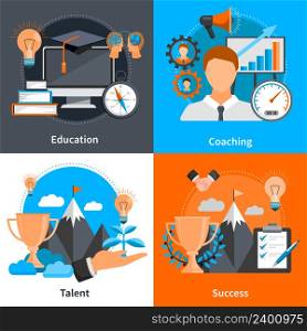 Flat design 2x2 concept icons for mentoring and coaching skills development set isolated vector illustration. Mentoring Coaching Concept 2x2 Icons Set