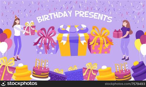 Flat design background with birthday present boxes cakes and two women holding gifts vector illustration