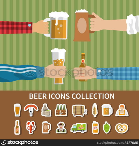 Flat design collection of oktoberfest beer and snacks icons isolated vector illustration. Flat Beer Icons Collection