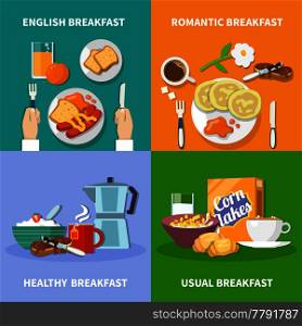 Flat design colorful 2x2 icons set with served english healthy usual and romantic variants of breakfast isolated vector illustration. Flat 2x2 Breakfast Icons Set