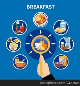 Flat design colorful concept with variants of traditional breakfast isolated on blue background vector illustration. Flat Breakfast Concept