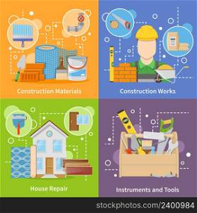 Flat design colorful construction materials 2x2 icons set with instruments and tools for house repair isolated vector illustration. Construction Materials 2x2 Icons Set