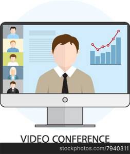 Flat design colorful vector illustration concept for video conference, online learning, professional lectures in internet