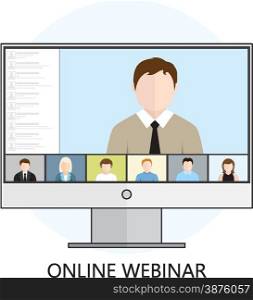 Flat design colorful vector illustration concept for webinar, online learning, professional lectures in internet. Isolated on white background