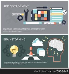 Flat design concept for app development and brainstorming with tools, programing code, human think