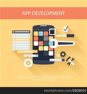 Flat design concept for app development with smartphone, tools, programing code on yellow background