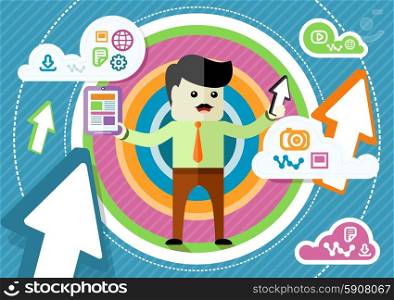 Flat design concept for cloud storage with mustached businessman sharing information with digital tablet in hand on abstract colorful background