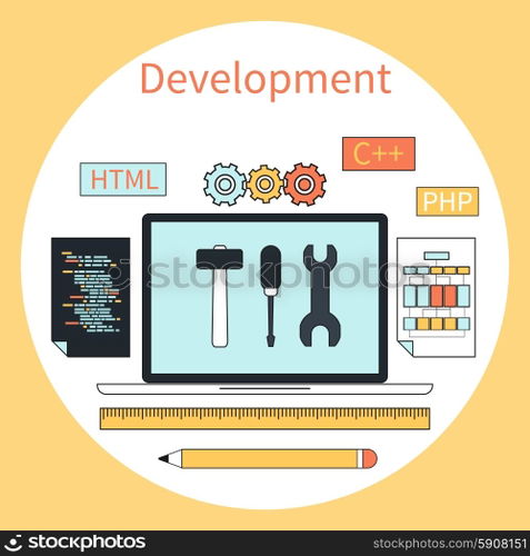 Flat design concept for web development with laptop, tools, programing code in circle frame on yellow background