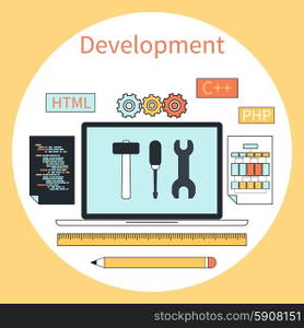 Flat design concept for web development with laptop, tools, programing code in circle frame on yellow background