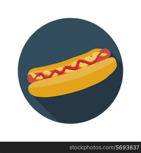 Flat Design Concept Hot Dog Vector Illustration With Long Shadow. EPS10