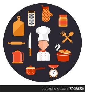 Flat design concept icons of kitchen utensils with a chef. Cooking tools and kitchenware equipment, serve meals and food preparation elements. Chef and tool character