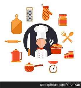 Flat design concept icons of kitchen utensils with a chef. Cooking tools and kitchenware equipment, serve meals and food preparation elements. Chef and tool character. Set of icons on white
