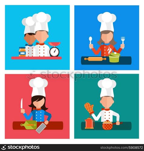 Flat design concept icons of kitchen utensils with a chef on banners. Cooking tools and kitchenware equipment, serve meals and food preparation elements. Chef and tool character
