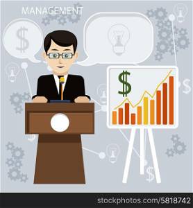 Flat design concept of businessman presenting development and financial plan on meeting