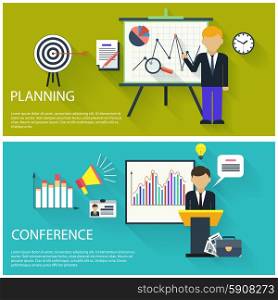 Flat design concept of businessman presenting development and financial planning on meeting conference. Concept for business conference and presentation