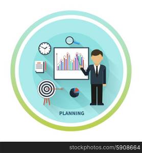 Flat design concept of businessman presenting development and financial planning on meeting conference. Concept for business conference and presentation
