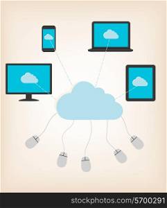 Flat design concept of cloud computing concept with computer devices. Vector illustratio