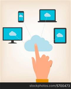Flat design concept of cloud computing concept with hand and computer devices. Vector illustratio