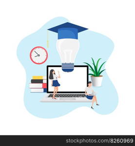 Flat design concept of online education, training and courses, learning, video tutorials. Vector illustration for website banner, marketing material, presentation template, online advertising.