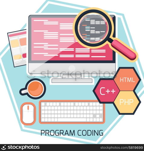 Flat design concept of program coding computer