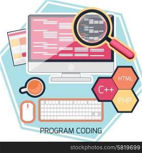 Flat design concept of program coding computer