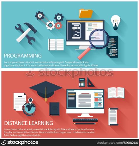 Flat design concept of program coding laptop. Concept for online education, distance learning, creative thinking, innovations with computer