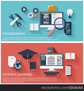 Flat design concept of program coding laptop. Concept for online education, distance learning, creative thinking, innovations with computer