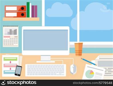 Flat design concept of workspace with computer and computer devices, smartphone, reports and clouds in the window
