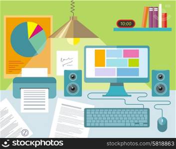 Flat design concept of workspace with computer, notebook, lamp, books, folders, plant and furniture