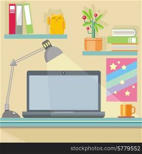 Flat design concept of workspace with notebook, lamp, books, folders, plant and furniture