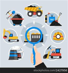 Flat design concept with mining industry elements on grey background vector illustration. Flat Mining Concept