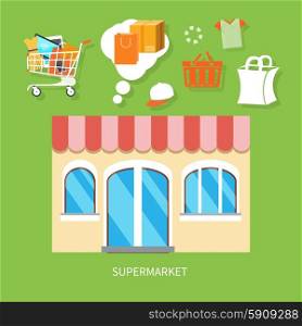 Flat design concepts of supermarket general store, shopping mall and fashion store