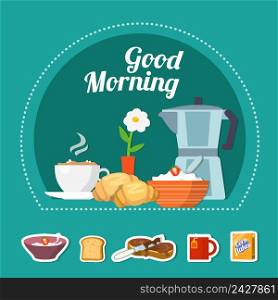 Flat design delicious healthy breakfast concept and colorful food icons isolated vector illustration. Breakfast Flat Concept