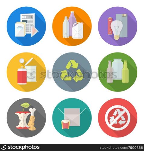 flat design different waste recycle separate collection. vector flat style various waste colored groups long shadow icons set for separate collection and recycle garbage
