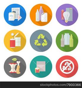 flat design different waste recycle separate collection. vector flat style various waste colored groups long shadow icons set for separate collection and recycle garbage