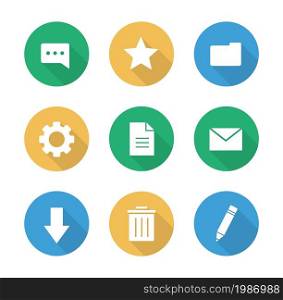 Flat design digital icons set. User interface communication web buttons. Infographic elements. Long shadow silhouette illustrations. Vector graphic isolated symbols. Files folders and chat pictograms. Flat design digital icons set