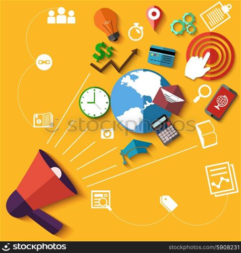 Flat design digital marketing concept with megaphone and web application, business, education icons on yellow background