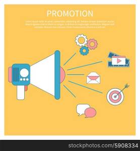 Flat design digital promotion marketing concept with megaphone and web application, business, education icons on stylish background