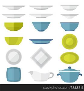 flat design dinnerware set. various vector color flat style plates and dishes set