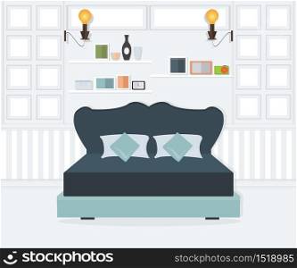 Flat Design Double Bedroom, Bedroom interior,conceptual Vector illustration.