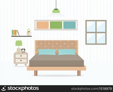 Flat Design Double Bedroom, Bedroom interior,Vector illustration.