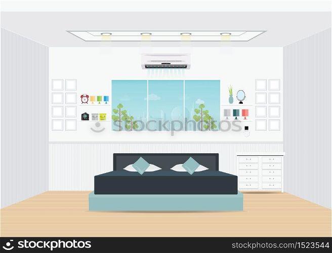 Flat Design Double Bedroom with furniture, Bedroom interior, conceptual Vector illustration.