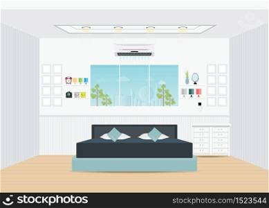 Flat Design Double Bedroom with furniture, Bedroom interior, conceptual Vector illustration.