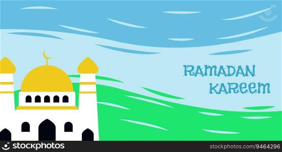 flat design drawing kid banner for ramadan mosque kareem. vector illustration