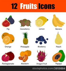 Flat design fruit icon set with titles in ui colors. Vector illustration.