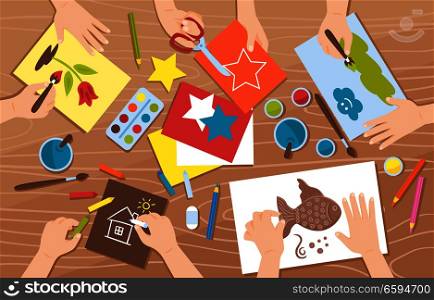Flat design handmade studio background with kids drawing and painting vector illustration. Flat Handmade Background