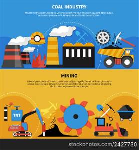 Flat design horizontal banners set with mining industry and coal transportation elements isolated vector illustration. Mining Industry Banners