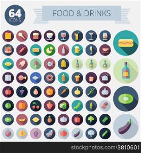 Flat Design Icons For Food, Drinks, Fruits and Vegetables. Vector eps10. Easy to recolor. Transparent shadows and relief in separate layers.