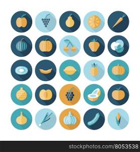 Flat design icons for fruits and vegetables. Vector eps10 with transparency.